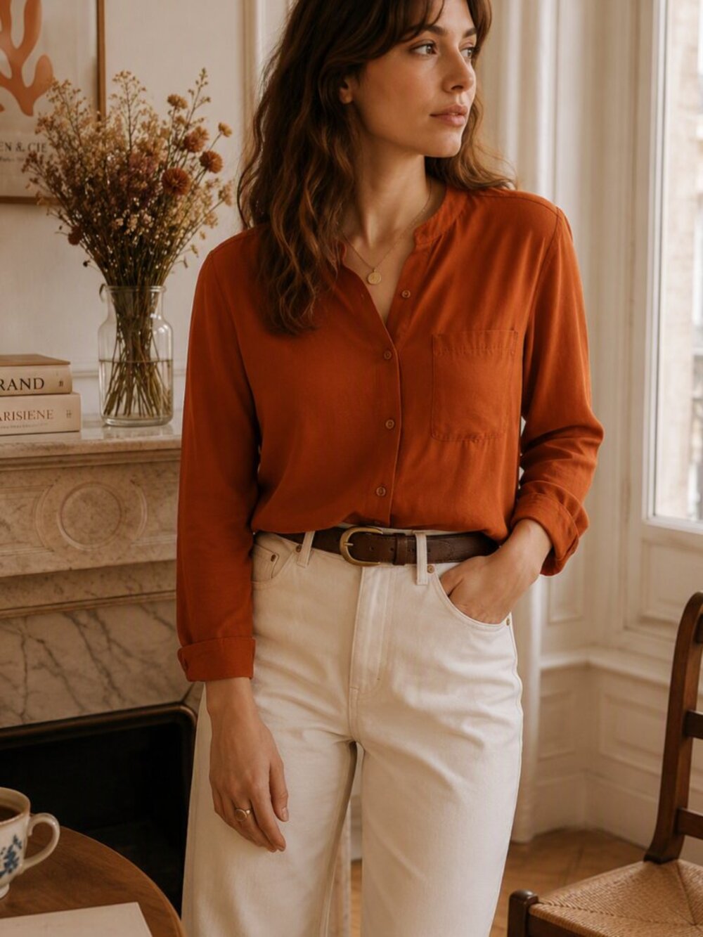 La Fée Maraboutée Rust Button Front Blouse Made in Italy US 6 French Minimalist